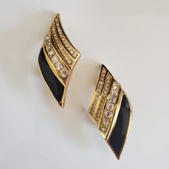 VTG Christian Dior Earrings Gold‎ Plated Black Enamel Crystal Large Clip-On 80's - Picture 1 of 6